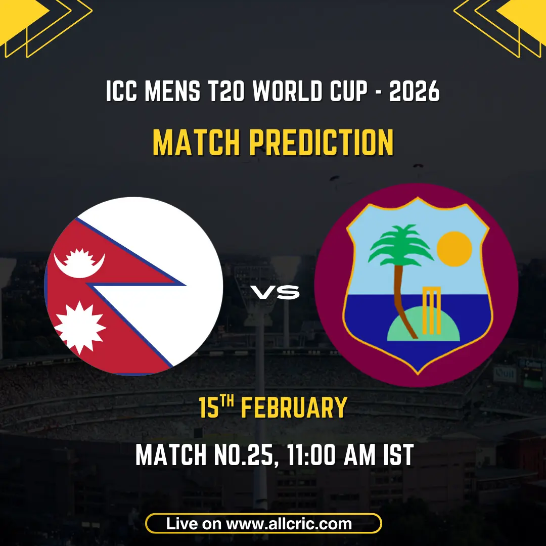 Nepal vs West Indies ICC Men's T20 World Cup 2026 Group C Match 25 prediction graphic featuring national flags, match details for February 15th 2026 at 11:00 AM IST at Wankhede Stadium Mumbai, with Dream11 team analysis and today's match prediction