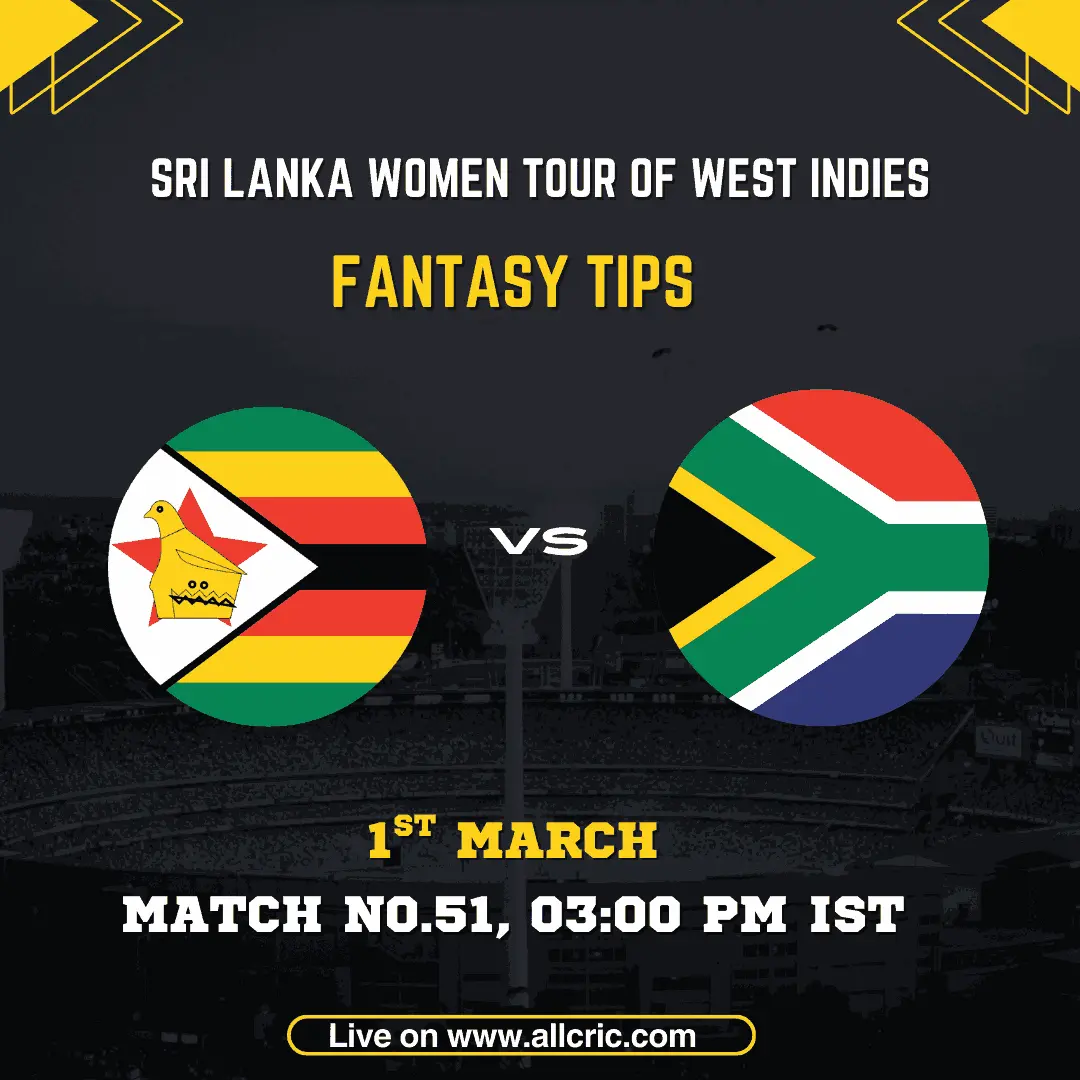 Zimbabwe vs South Africa ICC Men's T20 World Cup 2026 Super 8 Group 1 Match 51 fantasy tips graphic featuring national flags, match details for March 1st 2026 at 3:00 PM IST at Arun Jaitley Stadium Delhi, with Dream11 team suggestions and fantasy cricket tips