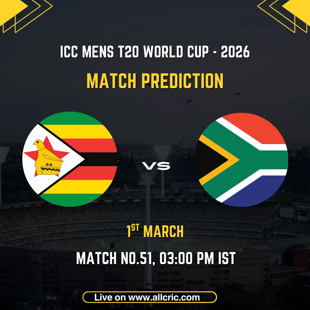 Match prediction graphic for Zimbabwe vs South Africa, Match No. 51 of the ICC Men's T20 World Cup 2026, scheduled for 1st March at 3:00 PM IST, featuring the national flags of Zimbabwe and South Africa on a stadium background.