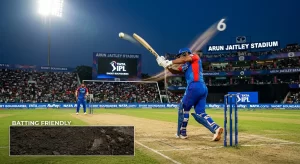 Arun Jaitley Stadium IPL pitch report graphic showing a DC batter hitting a six under floodlights, with "Short Boundaries" displayed on the stadium perimeter boards, a "Batting Friendly" label with a black soil inset image in the bottom left, and the stadium name prominently displayed on the scoreboard.