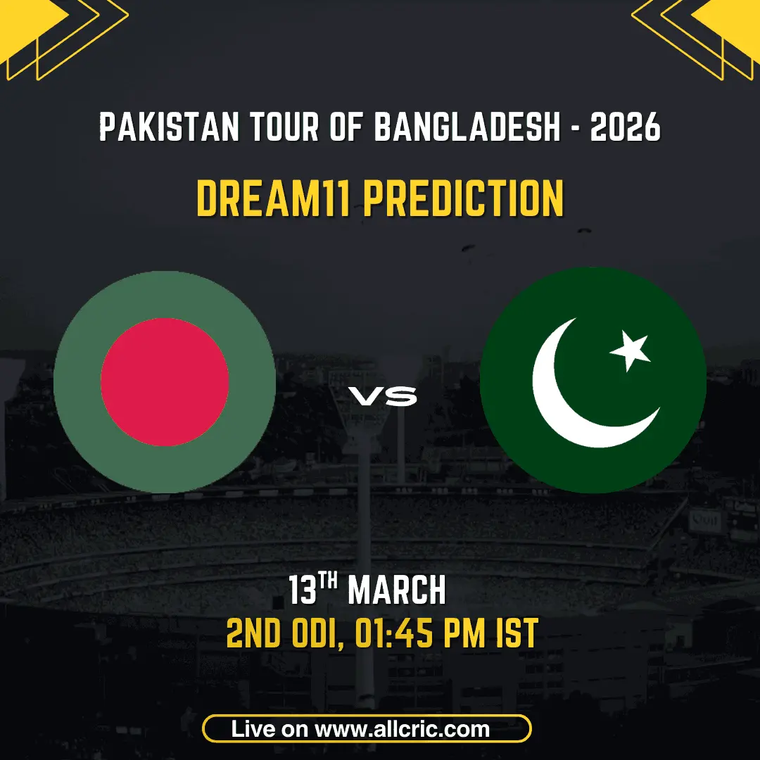 Bangladesh vs Pakistan 2nd ODI Dream11 prediction graphic featuring national flags, match details for March 13th 2026 at 1:45 PM IST at Shere Bangla National Stadium Mirpur, with Dream11 team suggestions and fantasy cricket tips for Pakistan tour of Bangladesh 2026