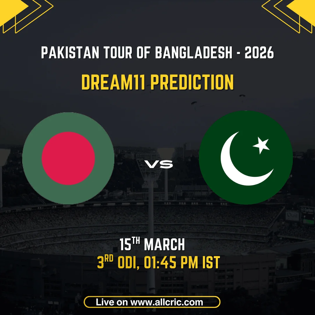 Bangladesh vs Pakistan 3rd ODI Dream11 prediction graphic featuring national flags, match details for March 15th 2026 at 1:45 PM IST at Shere Bangla National Stadium Mirpur, with Dream11 team suggestions and fantasy cricket tips for Pakistan tour of Bangladesh 2026 series decider