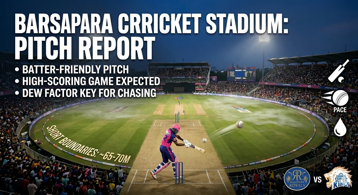 Barsapara Stadium pitch report showing a batting-friendly surface with short boundaries (65–70m), highlighting RR vs CSK match conditions, dew factor advantage for chasing teams, and expectation of a high-scoring game