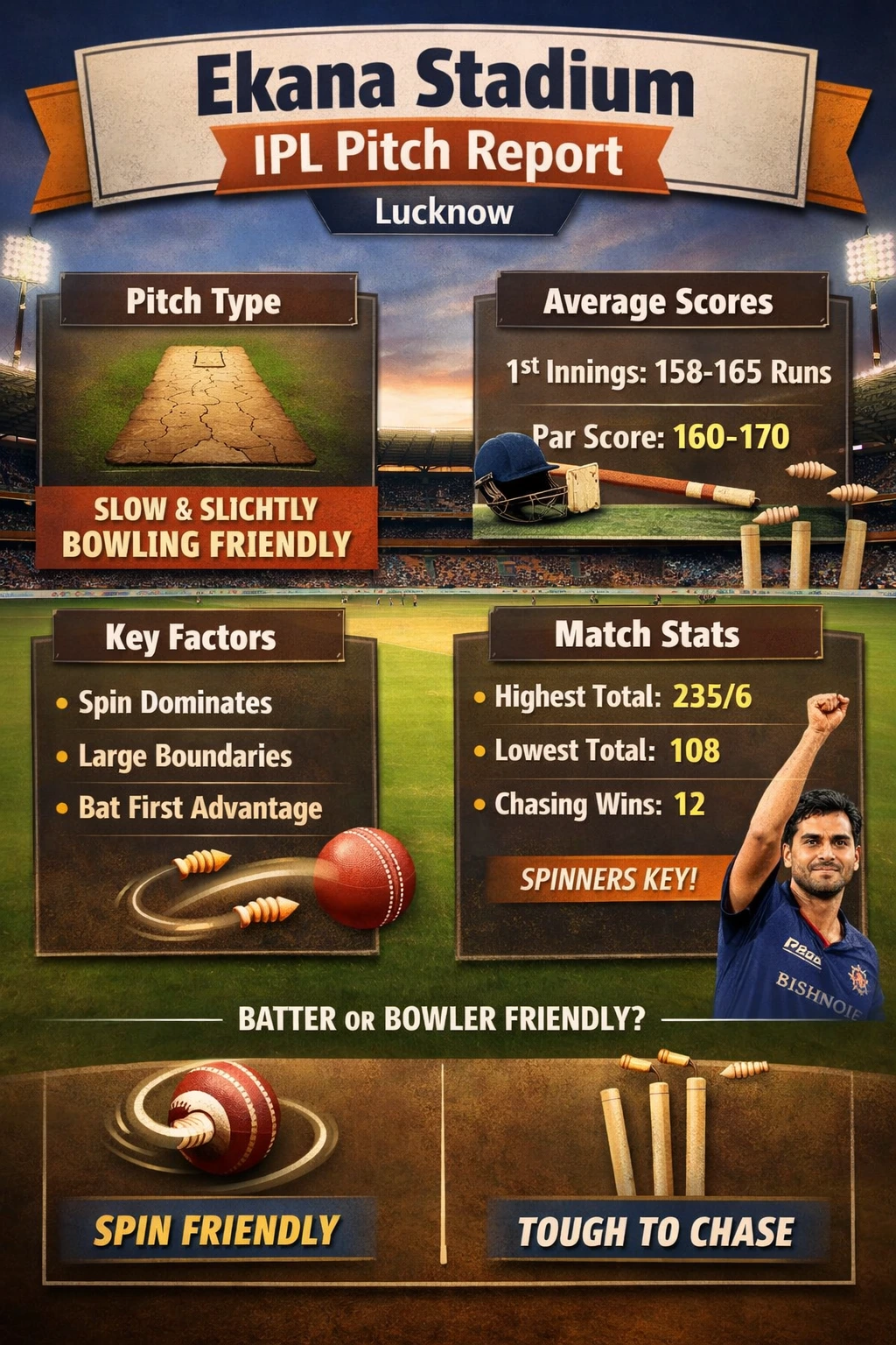 Ekana Stadium IPL pitch report showing average score, par total, spin-friendly conditions and match stats