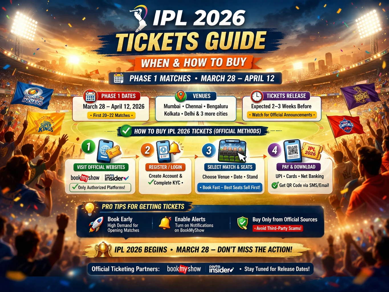 IPL 2026 tickets guide graphic showing how to buy tickets for Phase 1 matches (March 28–April 12) with stadium background, tickets, smartphone booking screen, and purchase icons