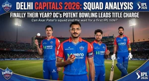 Delhi Capitals IPL 2026 Squad Analysis graphic at Arun Jaitley Stadium featuring four key players in blue jerseys: Mitchell Starc (pace spearhead, left), captain Axar Patel (centre, holding a red ball), Kuldeep Yadav (spin attack leader), and KL Rahul (batting anchor, right), with the header "Finally Their Year? DC's Potent Bowling Leads Title Charge.