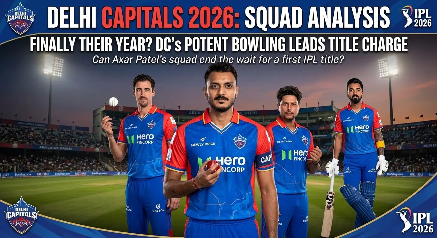 Delhi Capitals IPL 2026 Squad Analysis graphic at Arun Jaitley Stadium featuring four key players in blue jerseys: Mitchell Starc (pace spearhead, left), captain Axar Patel (centre, holding a red ball), Kuldeep Yadav (spin attack leader), and KL Rahul (batting anchor, right), with the header "Finally Their Year? DC's Potent Bowling Leads Title Charge.
