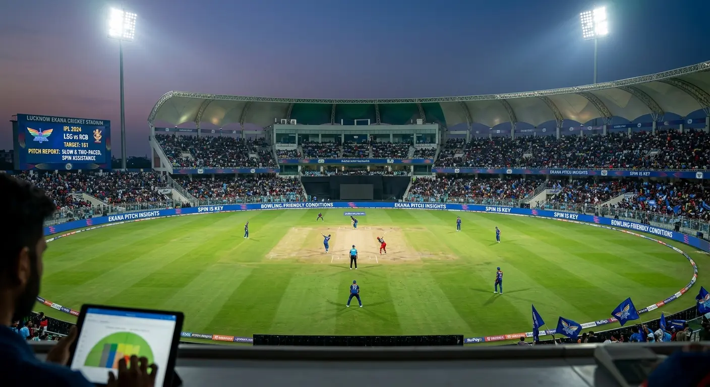 Aerial wide-angle view of Lucknow Ekana Cricket Stadium during a floodlit IPL night match between LSG and RCB. The scoreboard displays "Pitch Report: Slow & Two-Paced, Spin Assistance." LED boundary boards around the ground read "Ekana Pitch Insights," "Spin is Key," and "Bowling-Friendly Conditions." A fan in the foreground analyses match data on a tablet. The dry, two-toned pitch surface is clearly visible at the centre of the ground.