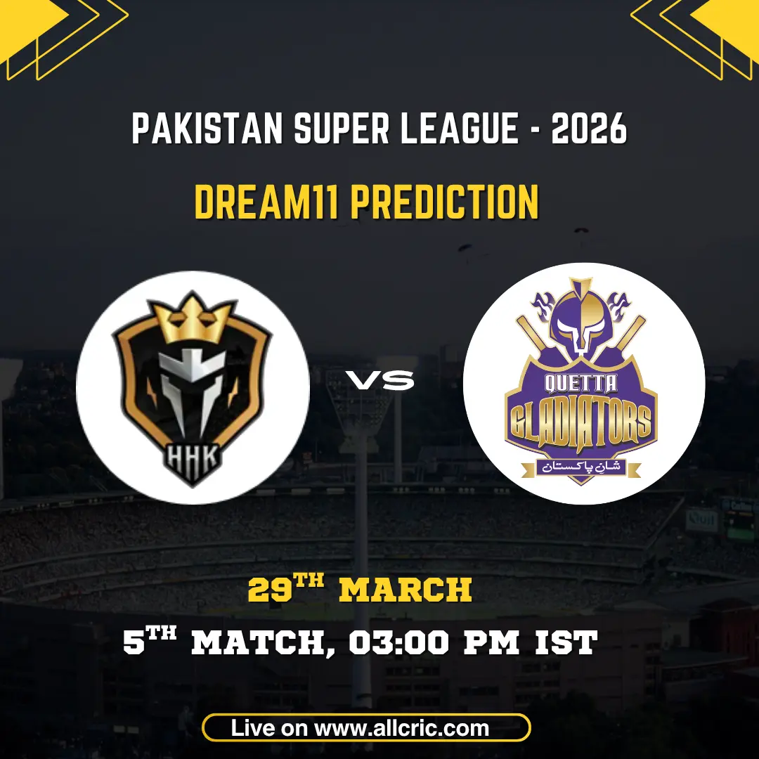 Pakistan Super League 2026 Dream11 prediction match card for Hyderabad Kingsmen vs Quetta Gladiators. The graphic displays the Hyderabad Kingsmen armoured knight shield logo with "HHK" initials and the Quetta Gladiators purple gladiator helmet crest with crossed bats in circular frames on either side of a "VS" marker, set against a dark stadium backdrop. Match details read: 5th Match, 29th March, 03:00 PM IST. Website URL allcric.com is shown at the bottom.