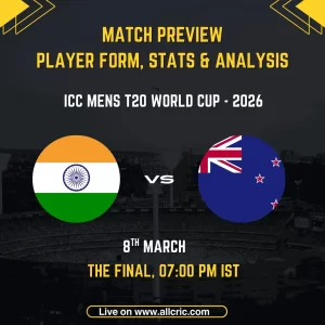 Match preview, player form, stats and analysis graphic for India vs New Zealand, ICC Men's T20 World Cup 2026 Final, scheduled for 8th March at 7:00 PM IST at Narendra Modi Stadium, Ahmedabad, featuring the national flags of India and New Zealand on a stadium background.