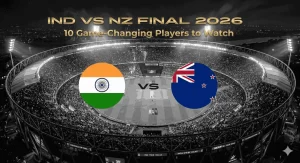 Aerial view of Narendra Modi Stadium packed with fans at night with India and New Zealand flags and VS text overlay for IND vs NZ T20 World Cup 2026 Final