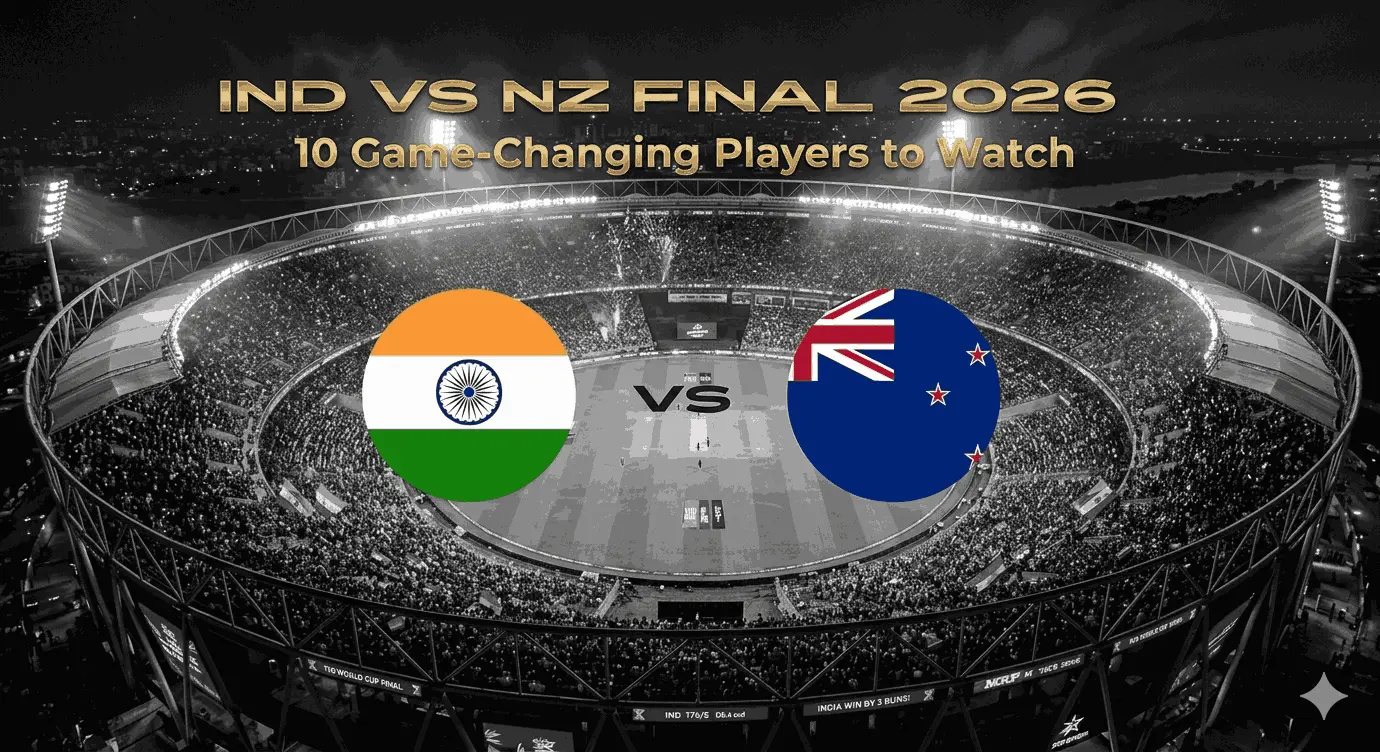 Aerial view of Narendra Modi Stadium packed with fans at night with India and New Zealand flags and VS text overlay for IND vs NZ T20 World Cup 2026 Final