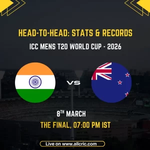 Head-to-Head stats and records graphic for India vs New Zealand, ICC Men's T20 World Cup 2026 Final, scheduled for 8th March at 7:00 PM IST at Narendra Modi Stadium, Ahmedabad, featuring the national flags of India and New Zealand on a dark stadium background.