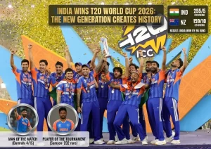 Head-to-Head stats and records graphic for India vs New Zealand, ICC Men's T20 World Cup 2026 Final, scheduled for 8th March at 7:00 PM IST at Narendra Modi Stadium, Ahmedabad, featuring the national flags of India and New Zealand on a dark stadium background.