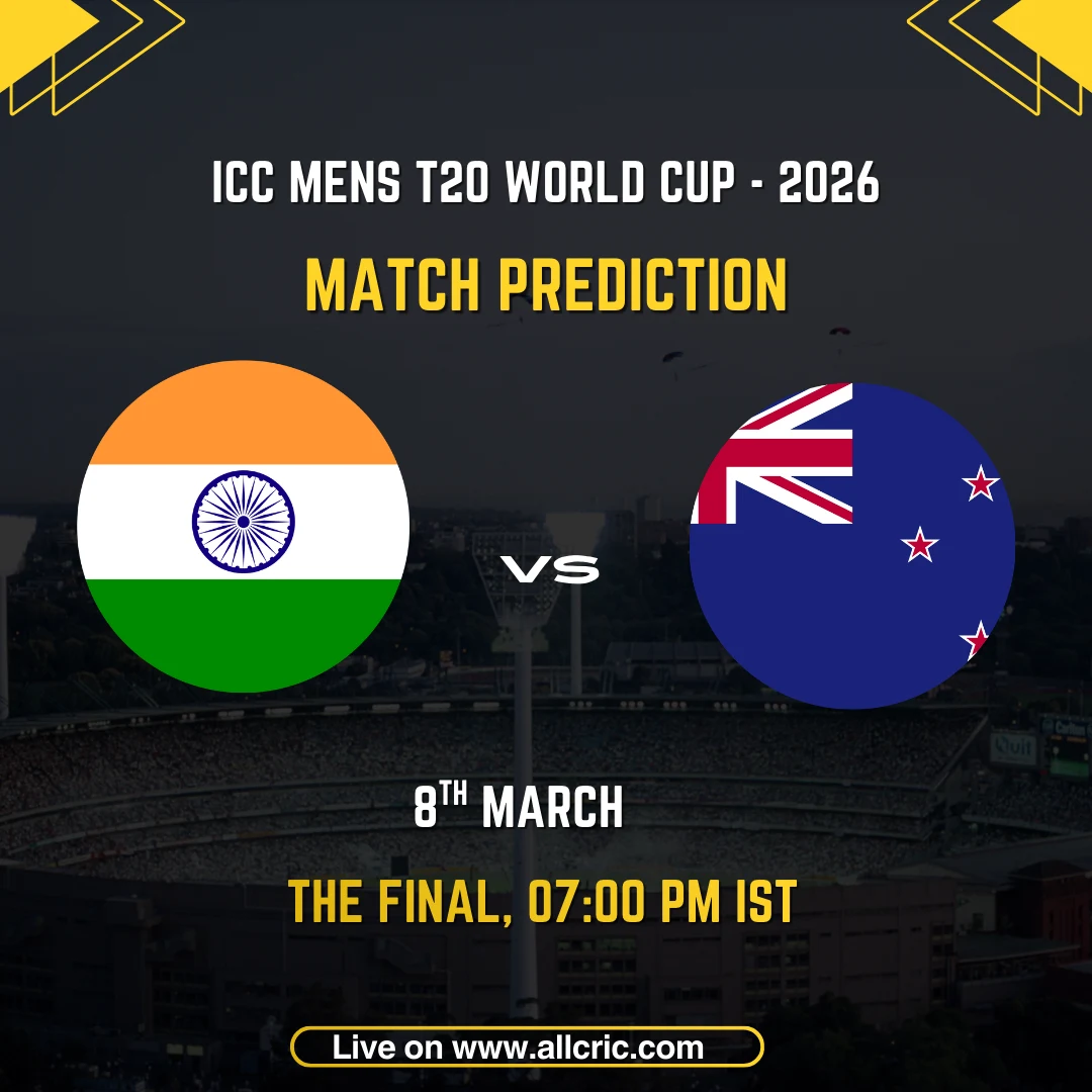 Match prediction graphic for India vs New Zealand, ICC Men's T20 World Cup 2026 Final, scheduled for 8th March at 7:00 PM IST at Narendra Modi Stadium, Ahmedabad, featuring the national flags of India and New Zealand on a stadium background.