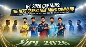 IPL 2026 Captains graphic titled "The Next Generation Takes Command" featuring seven captains in their franchise jerseys — MS Dhoni and Ruturaj Gaikwad (CSK, yellow), Hardik Pandya (MI, blue), Rajat Patidar (RCB, red), Rishabh Pant (LSG, teal), Shubman Gill (GT, navy), KL Rahul and Virat Kohli (partially visible, right) — with the subtitle "The Age of Dhoni, Rohit, and Kohli as Captains is Over.