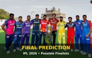 IPL 2026 final prediction image showing all team captains with trophy, highlighting possible finalists analysis and team comparison for upcoming season