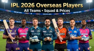 IPL 2026 overseas players lineup showing international cricketers from different teams standing in a stadium under lights with text “IPL 2026 Overseas Players”.