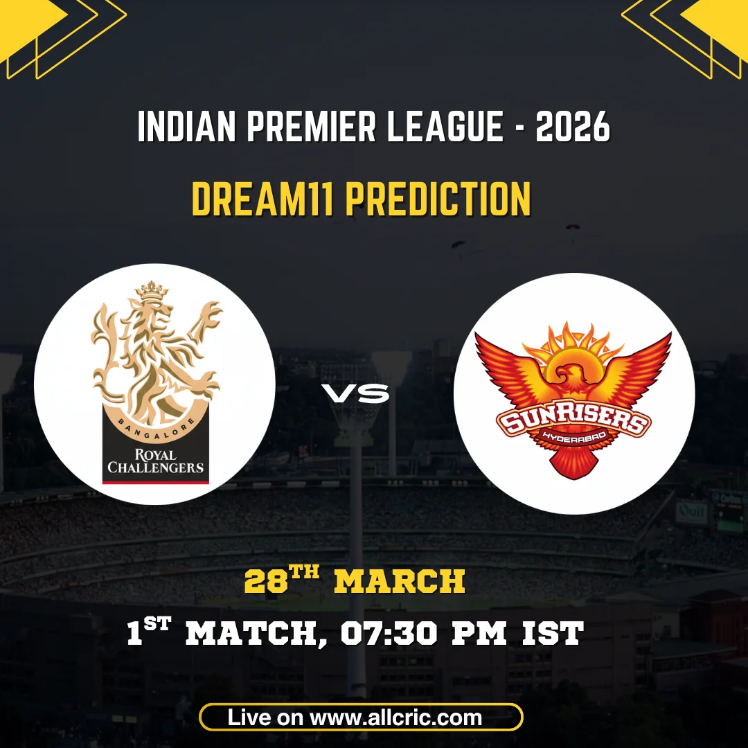 IPL 2026 Dream11 prediction match card for Royal Challengers Bengaluru vs Sunrisers Hyderabad. The graphic displays the RCB lion crest and SRH phoenix logo on either side of a "VS" marker, set against a dark stadium backdrop. Match details read: 1st Match, 28th March, 7:30 PM IST. Website URL allcric.com is shown at the bottom.