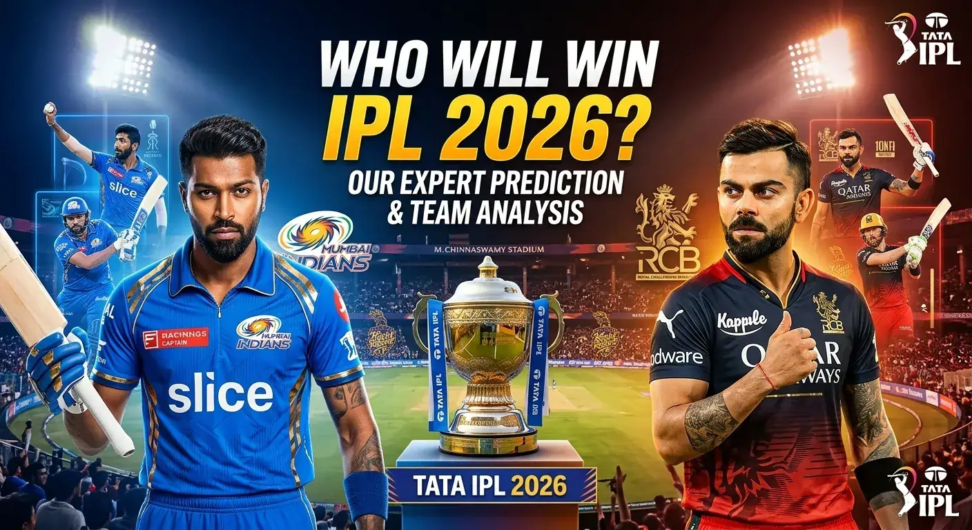 TATA IPL 2026 "Who Will Win IPL 2026?" expert prediction graphic featuring Mumbai Indians captain Hardik Pandya (left, blue kit with bat) and RCB's Virat Kohli (right, black kit) flanking the IPL Trophy at M. Chinnaswamy Stadium, with supporting player cards showing Jasprit Bumrah and Rohit Sharma (MI) alongside Kohli batting (RCB) in the background.