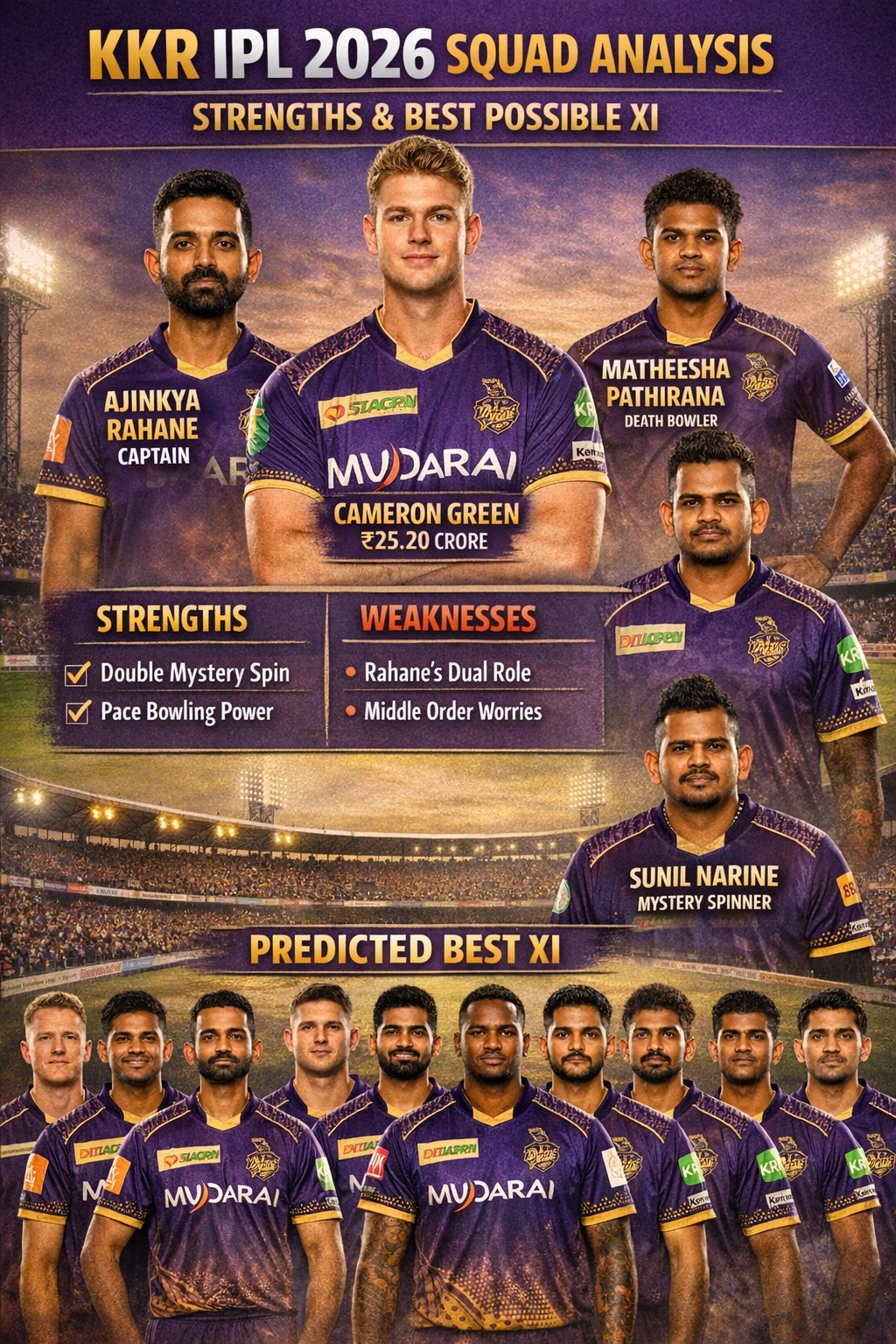 KKR IPL 2026 squad analysis with Ajinkya Rahane, Cameron Green, Sunil Narine, strengths, weaknesses and predicted playing XIKKR IPL 2026 squad analysis with Ajinkya Rahane, Cameron Green, Sunil Narine, strengths, weaknesses and predicted playing XI