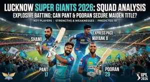 Lucknow Super Giants IPL 2026 Squad Analysis graphic at Ekana Stadium featuring four key players in teal jerseys: Mohammad Shami (pace leader, holding ball), Rishabh Pant No.17 (captain, raising bat), Mayank Yadav (express pace bowler, in delivery stride), and Nicholas Pooran No.29 (overseas batting anchor, holding bat), with the headline "Explosive Batting: Can Pant & Pooran Secure Maiden Title?