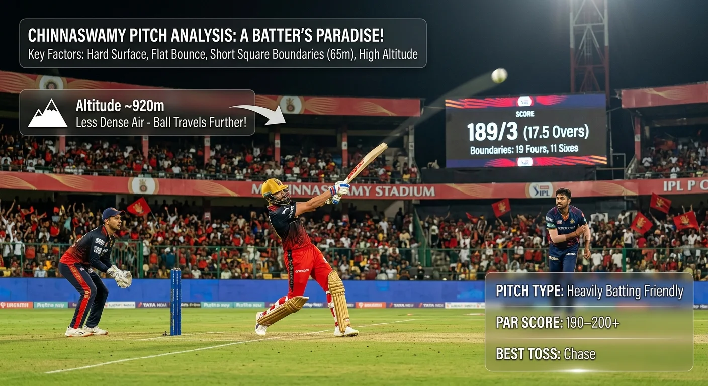 A batsman plays an aggressive shot at M. Chinnaswamy Stadium during an IPL night match, with the scoreboard showing 189/3 in 17.5 overs. Overlaid graphics highlight key pitch factors: altitude of approximately 920m with less dense air, pitch type as heavily batting friendly, par score of 190–200+, and best toss strategy as chase.