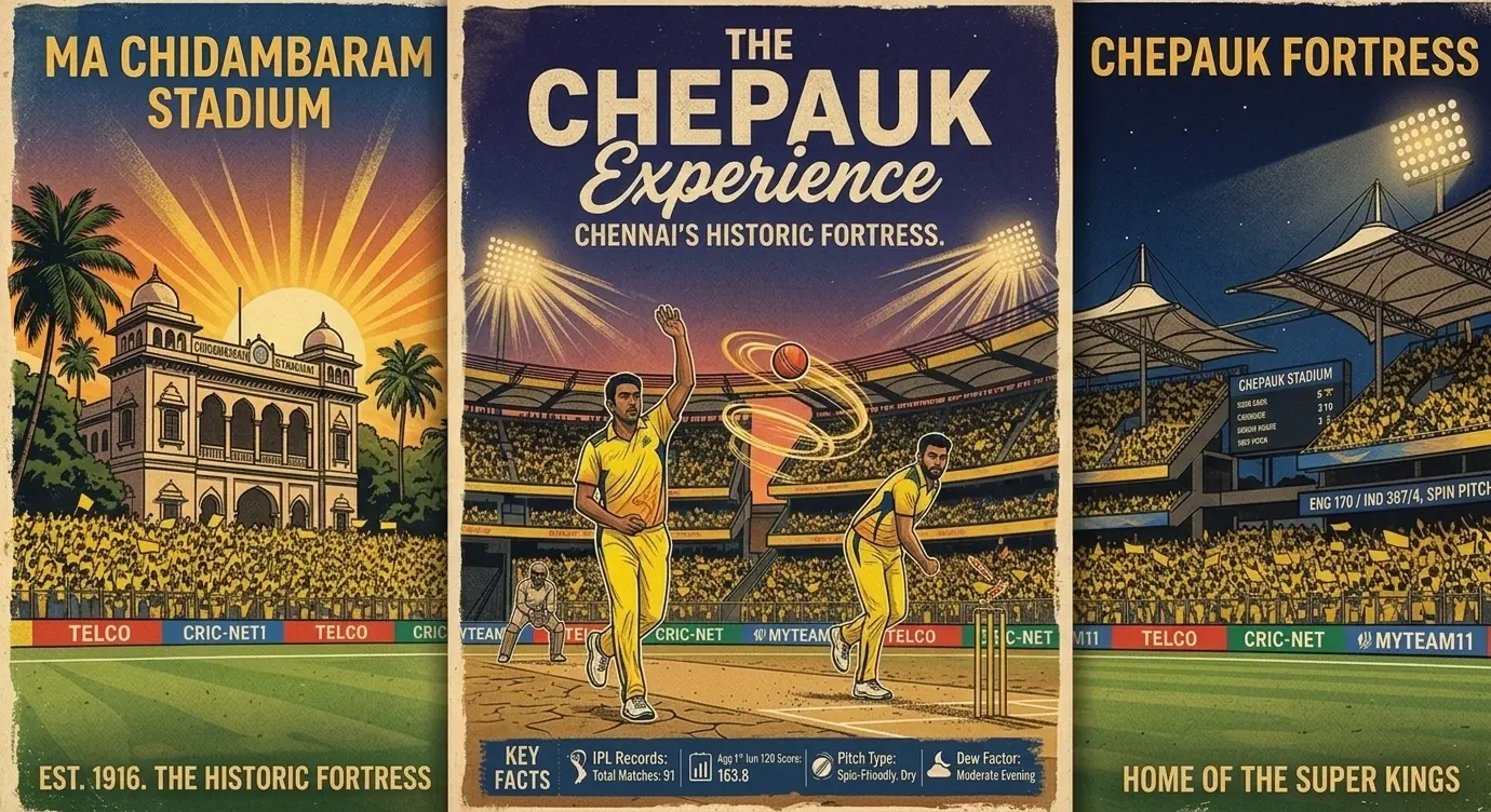 Illustration of MA Chidambaram Stadium Chepauk showing spin bowlers in action in a packed stadium, highlighting a slow pitch, spin-friendly conditions, and Chennai’s historic cricket atmosphere.