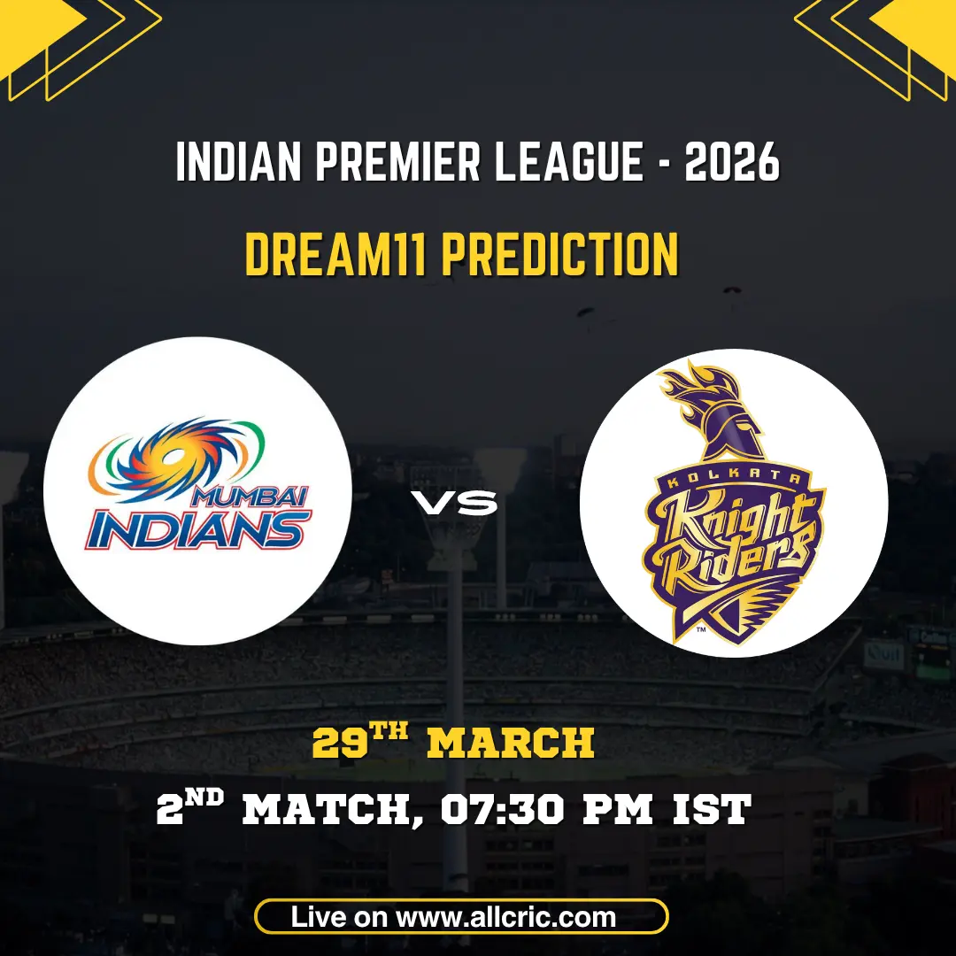 IPL 2026 Dream11 prediction match card for Mumbai Indians vs Kolkata Knight Riders. The graphic displays the Mumbai Indians spiral logo and Kolkata Knight Riders knight helmet crest on either side of a "VS" marker, set against a dark stadium backdrop. Match details read: 2nd Match, 29th March, 07:30 PM IST. Website URL allcric.com is shown at the bottom.