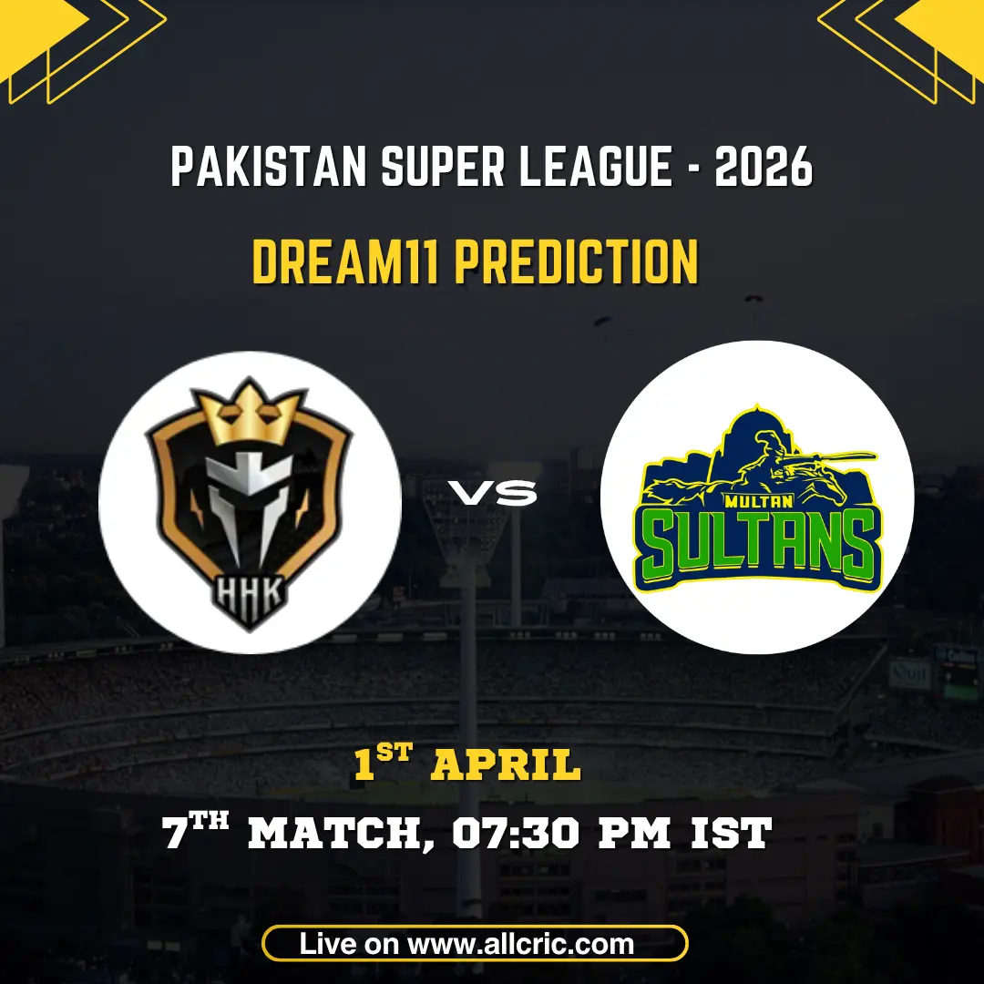 PSL 2026 Dream11 prediction match card for Hyderabad Kingsmen vs Multan Sultans, 7th Match. The Hyderabad Kingsmen armoured knight shield logo with HHK initials and Multan Sultans green and black horseman crest displayed in circular frames on either side of a "VS" marker against a dark stadium backdrop. Match details read: 7th Match, 1st April, 07:30 PM IST. Website URL allcric.com shown at the bottom.