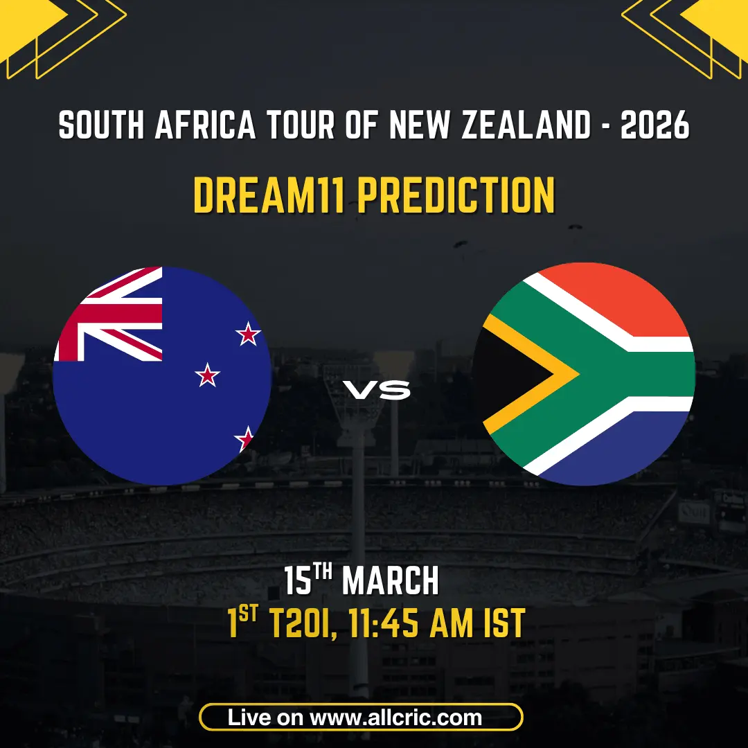 New Zealand vs South Africa Dream11 prediction graphic for the 1st T20I of the South Africa Tour of New Zealand 2026 at Bay Oval on 15 March, showing NZ vs SA teams with match time 11:45 AM IST.