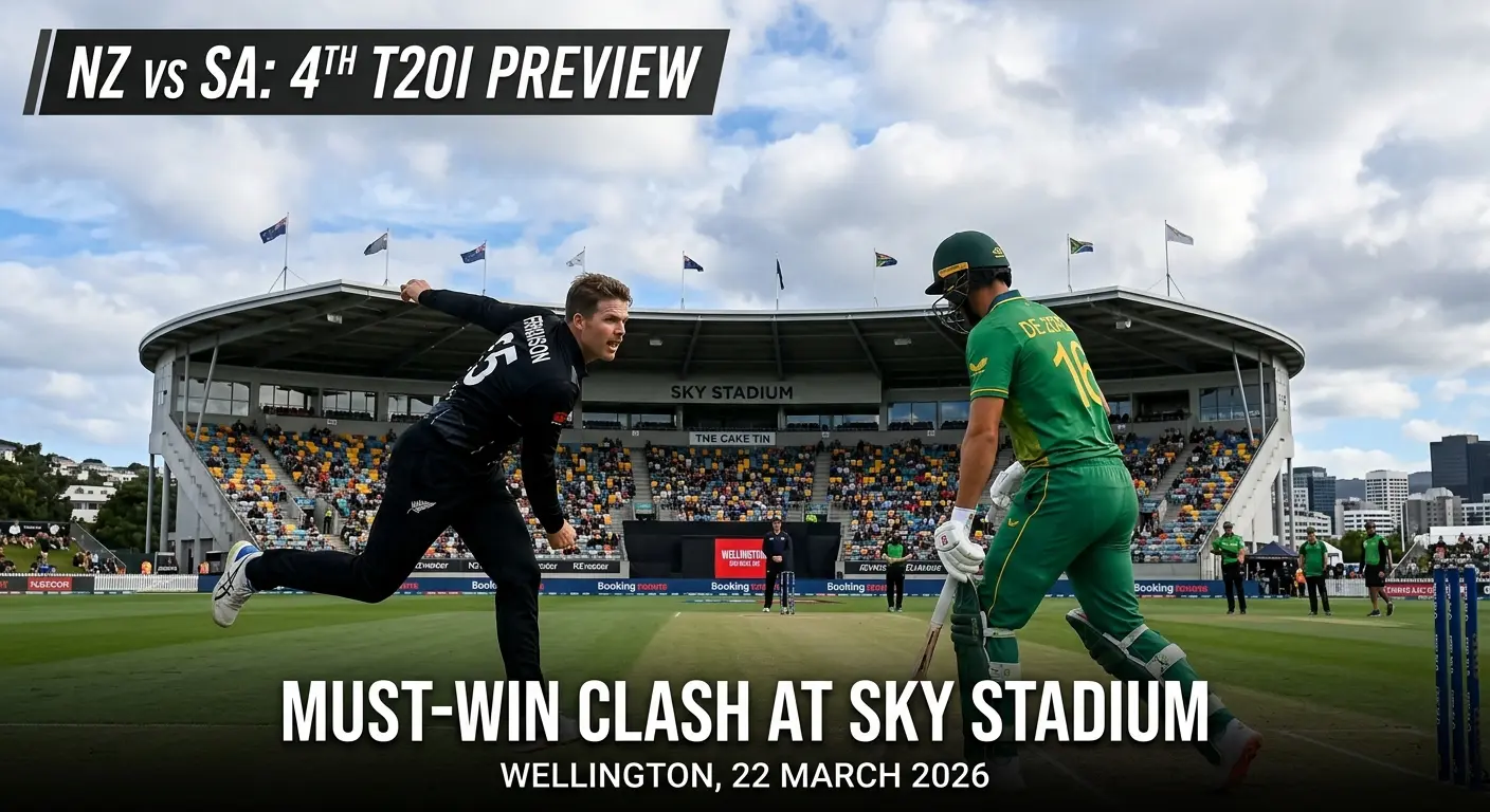 NZ vs SA 4th T20I preview graphic at Sky Stadium, Wellington, showing New Zealand pace bowler Lockie Ferguson (No.65) in full delivery stride against South Africa batter Tony de Zorzi (No.10) at the crease, with the Wellington skyline and partly cloudy skies visible behind the stadium, under the header "Must-Win Clash at Sky Stadium, Wellington, 22 March 2026