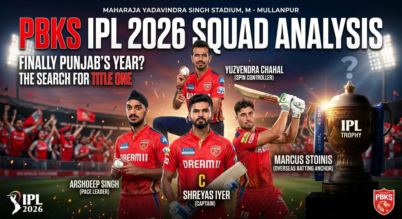 PBKS IPL 2026 Squad Analysis graphic at Maharaja Yadavindra Singh Stadium, Mullanpur, featuring four key players in red jerseys: Arshdeep Singh (Pace Leader), Shreyas Iyer (Captain), Yuzvendra Chahal (Spin Controller), and Marcus Stoinis (Overseas Batting Anchor), alongside the IPL Trophy with the tagline "Finally Punjab's Year? The Search for Title One.