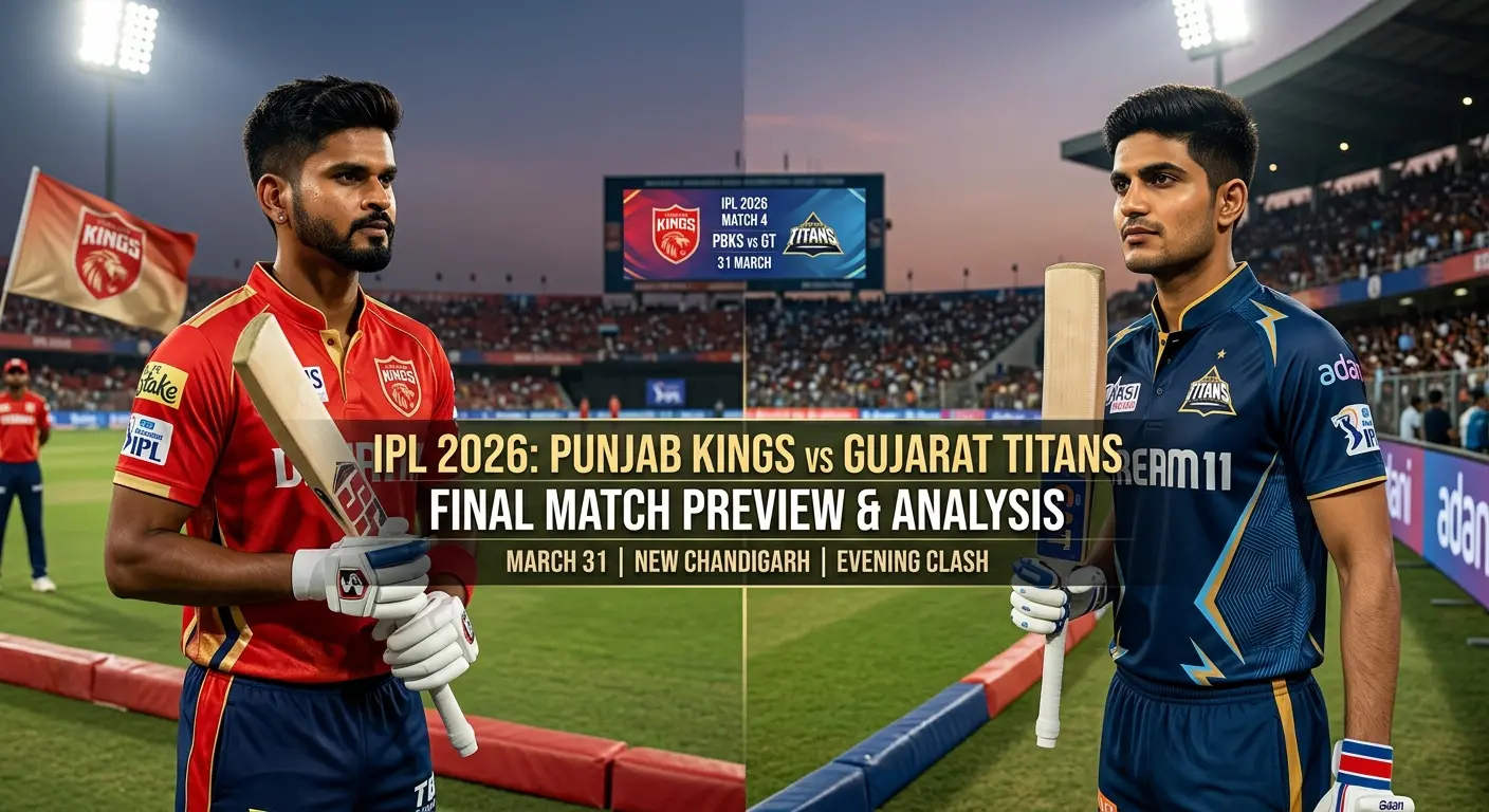 IPL 2026 Match 4 preview graphic titled "Punjab Kings vs Gujarat Titans — Final Match Preview & Analysis, March 31 | New Chandigarh | Evening Clash." Split-screen shows a batter representing Shreyas Iyer in a Punjab Kings red jersey holding a bat on the left, and a batter representing Shubman Gill in a Gujarat Titans navy jersey holding a bat on the right. The stadium scoreboard between them displays "IPL 2026 Match 4 — PBKS vs GT — 31 March" with both team logos.