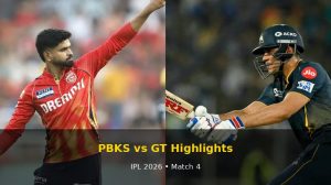 PBKS vs GT highlights IPL 2026 image featuring Shreyas Iyer and Shubman Gill during Match 4 with overlay text showing match highlights