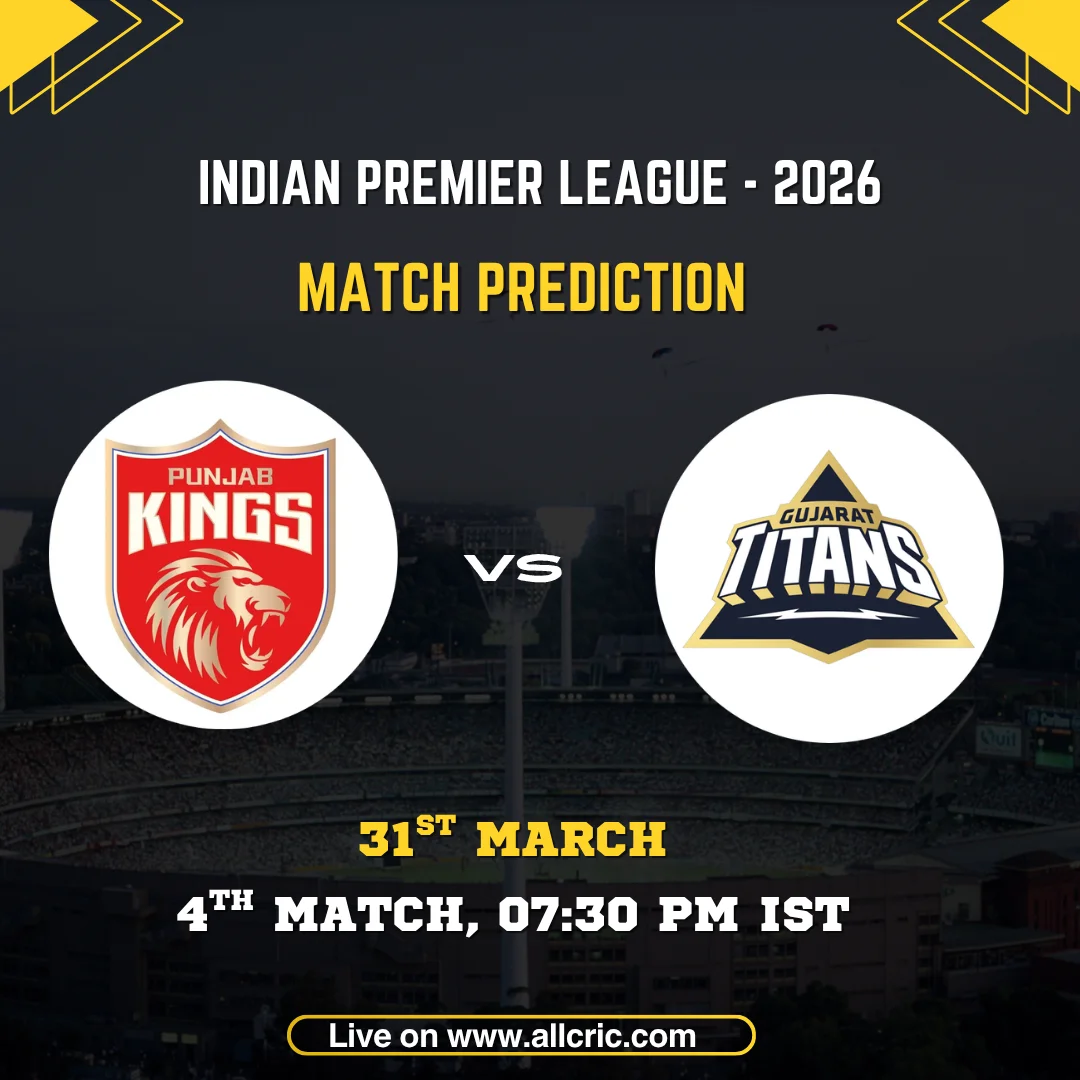 IPL 2026 match prediction card for Punjab Kings vs Gujarat Titans, 4th Match. The Punjab Kings red lion shield logo and Gujarat Titans navy triangle crest are displayed in circular frames on either side of a "VS" marker against a dark stadium backdrop. Match details read: 4th Match, 31st March, 07:30 PM IST. Website URL allcric.com shown at the bottom.