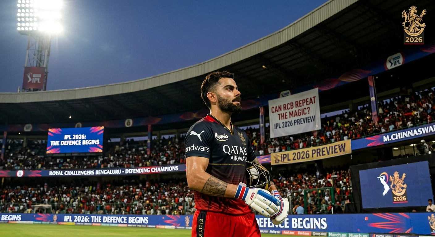 Virat Kohli at M Chinnaswamy Stadium during IPL 2026 preview, representing RCB as defending champions with crowd and banners highlighting title defense storyline.