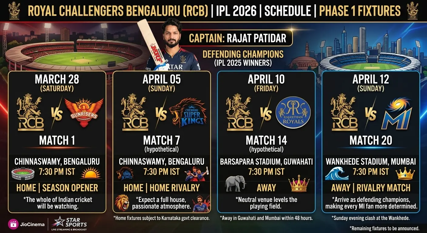 Royal Challengers Bengaluru IPL 2026 Phase 1 schedule graphic featuring captain Rajat Patidar with a bat, showing four confirmed fixtures: Match 1 vs SRH on March 28 (Chinnaswamy — Home/Season Opener), Match 7 vs CSK on April 5 (Chinnaswamy — Home Rivalry), Match 14 vs RR on April 10 (Barsapara Guwahati — Away), and Match 20 vs MI on April 12 (Wankhede Mumbai — Away Rivalry), with JioCinema and Star Sports broadcast logos.