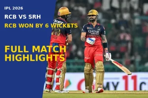 RCB vs SRH highlights IPL 2026 showing Virat Kohli and Royal Challengers Bengaluru batters during match-winning chase against Sunrisers Hyderabad, full match highlights, score 203/4, Kohli 69, and dominant 6-wicket win in IPL 2026 opener