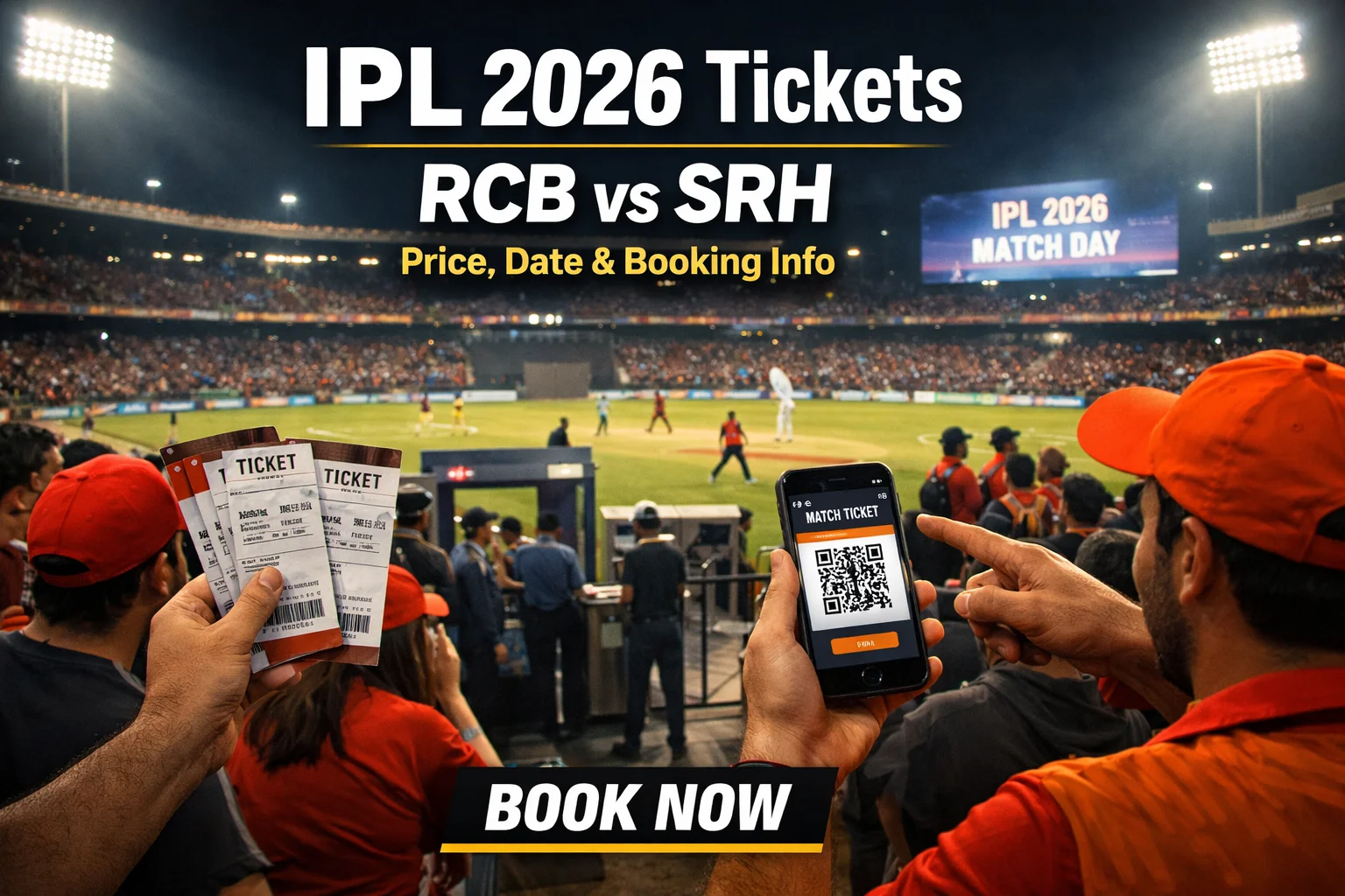 IPL 2026 tickets image showing RCB vs SRH match with fans holding tickets and mobile booking screen inside a packed stadium under lights