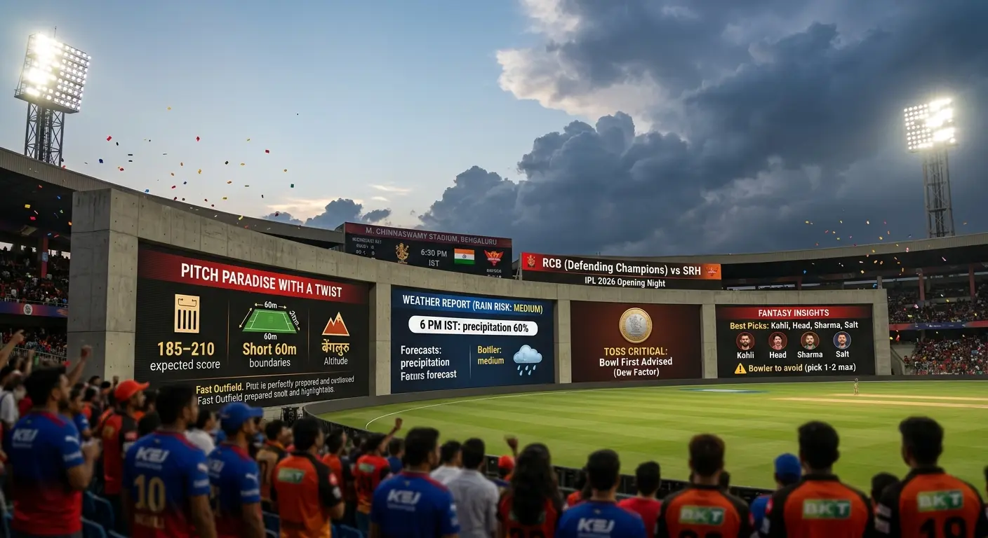 M. Chinnaswamy Stadium scoreboard display on IPL 2026 opening night showing a comprehensive pitch and match report for RCB vs SRH. Panels on the large screen show: expected score of 185–210 with short 60m boundaries and Bengaluru altitude highlighted under "Pitch Paradise With a Twist"; a weather report showing 60% precipitation risk at 6 PM IST with medium rain forecast; a toss advisory recommending bowl first due to dew factor; and fantasy insights listing best picks as Kohli, Head, Sharma, and Salt with a warning to limit bowler selections to one or two maximum. RCB and SRH team logos are visible on the scoreboard header reading "RCB (Defending Champions) vs SRH — IPL 2026 Opening Night." RCB and SRH fans fill the foreground stands under a dramatic cloudy evening sky.