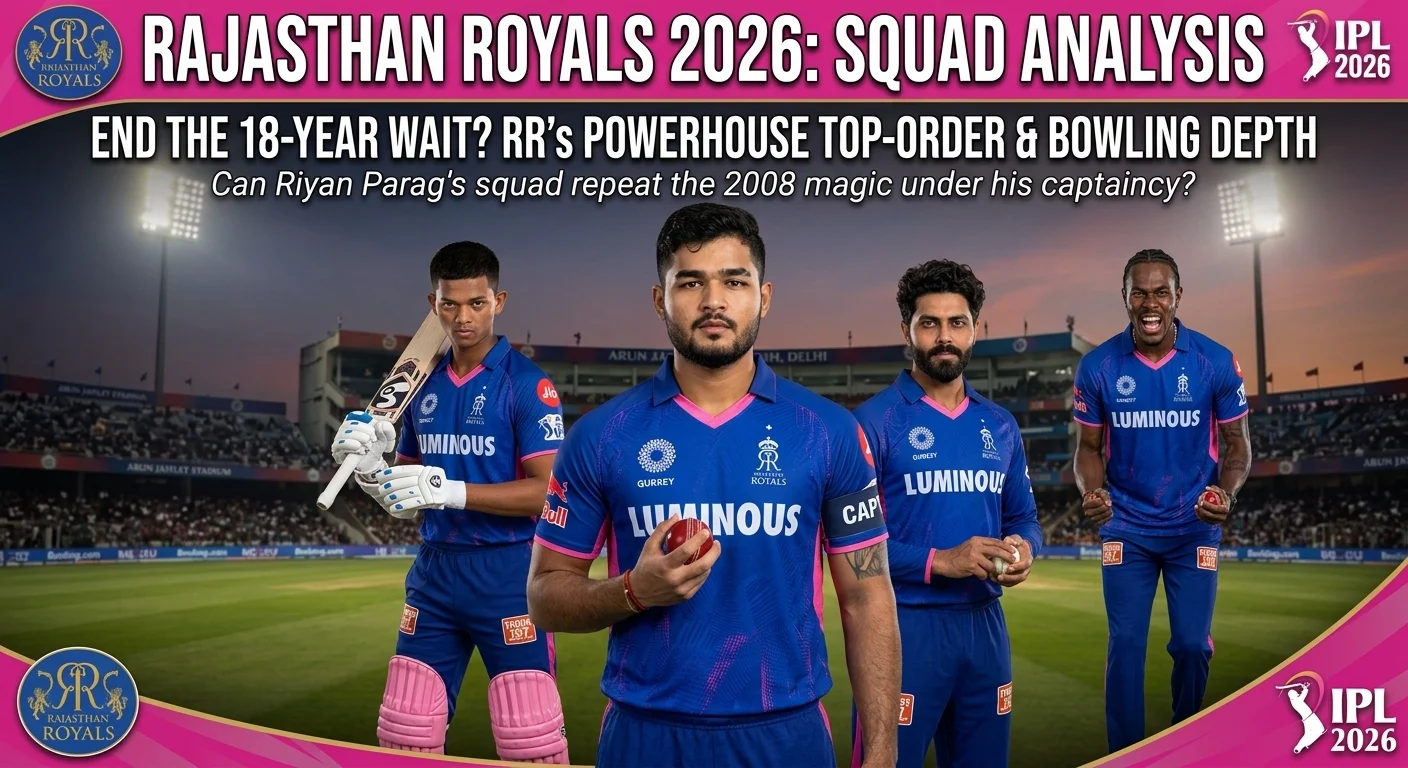 Rajasthan Royals IPL 2026 squad analysis featuring Riyan Parag, Yashasvi Jaiswal, Ravindra Jadeja, and Jofra Archer highlighting team strengths, key players, and title chances
