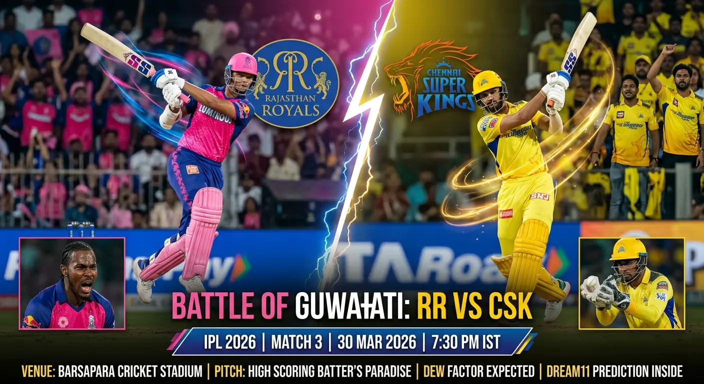 IPL 2026 Match 3 Dream11 prediction graphic titled "Battle of Guwahati: RR vs CSK" featuring split-screen action at Barsapara Cricket Stadium. Left side shows a batter representing Vaibhav Suryavanshi in a Rajasthan Royals pink jersey playing an aggressive shot, with the Rajasthan Royals crest above and an inset image of a bowler representing Jofra Archer celebrating a wicket. Right side shows a batter representing Ruturaj Gaikwad in a Chennai Super Kings yellow jersey with arms raised, with the Chennai Super Kings lion crest above and an inset image of a wicketkeeper representing Sanju Samson. A lightning bolt divides both sides at centre. The bottom ticker reads: "Venue: Barsapara Cricket Stadium | Pitch: High Scoring Batter's Paradise | Dew Factor Expected | Dream11 Prediction Inside." Match details show: IPL 2026 | Match 3 | 30 Mar 2026 | 7:30 PM IST.