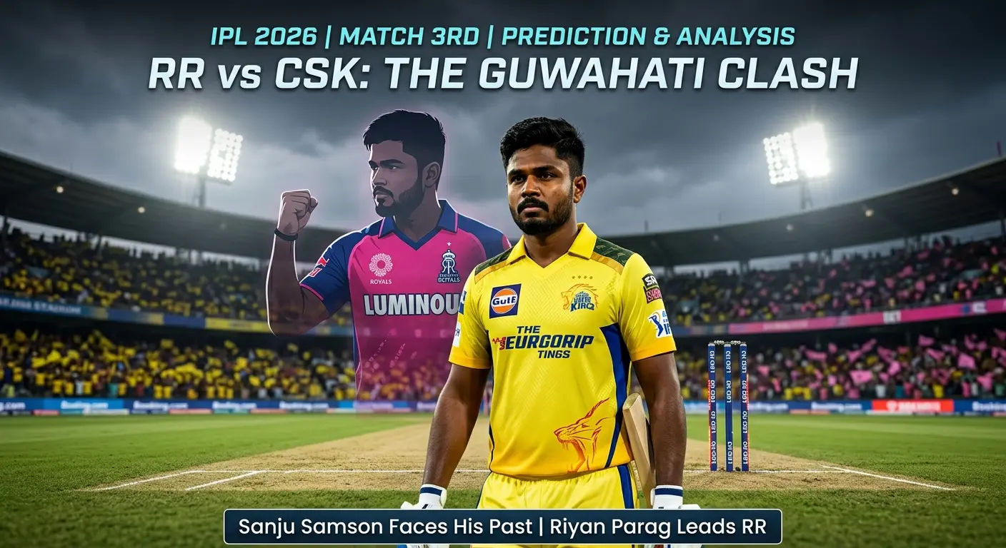 IPL 2026 Match 3 prediction and analysis graphic titled "RR vs CSK: The Guwahati Clash" at Barsapara Cricket Stadium. A player representing Sanju Samson in a Chennai Super Kings yellow jersey stands in the foreground holding a bat, while a player representing Riyan Parag in a Rajasthan Royals pink jersey celebrates with a raised fist in the background. A packed stadium with yellow and pink fan sections is visible under floodlights. A caption bar at the bottom reads: "Sanju Samson Faces His Past | Riyan Parag Leads RR.