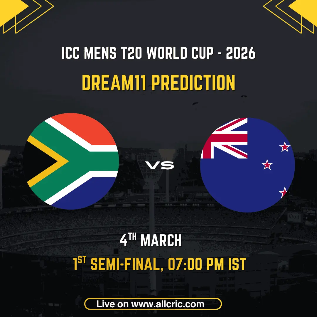 South Africa vs New Zealand ICC Men's T20 World Cup 2026 1st Semi-Final Dream11 prediction graphic featuring national flags, match details for March 4th 2026 at 7:00 PM IST at Eden Gardens Kolkata, with Dream11 team suggestions and fantasy cricket tips