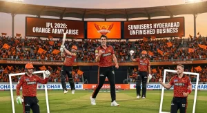 Sunrisers Hyderabad IPL 2026 promotional graphic featuring five players in orange and black SRH jerseys at Rajiv Gandhi International Cricket Stadium, with a packed Orange Army crowd behind them. Centre stage is captain Pat Cummins celebrating with a roar, flanked by Heinrich Klaasen (left, in wicketkeeping gear), Travis Head (batting follow-through), Abhishek Sharma, and Liam Livingstone (right, fist pumped). Stadium screens read "IPL 2026: Orange Army Arise" and "Sunrisers Hyderabad — Unfinished Business.