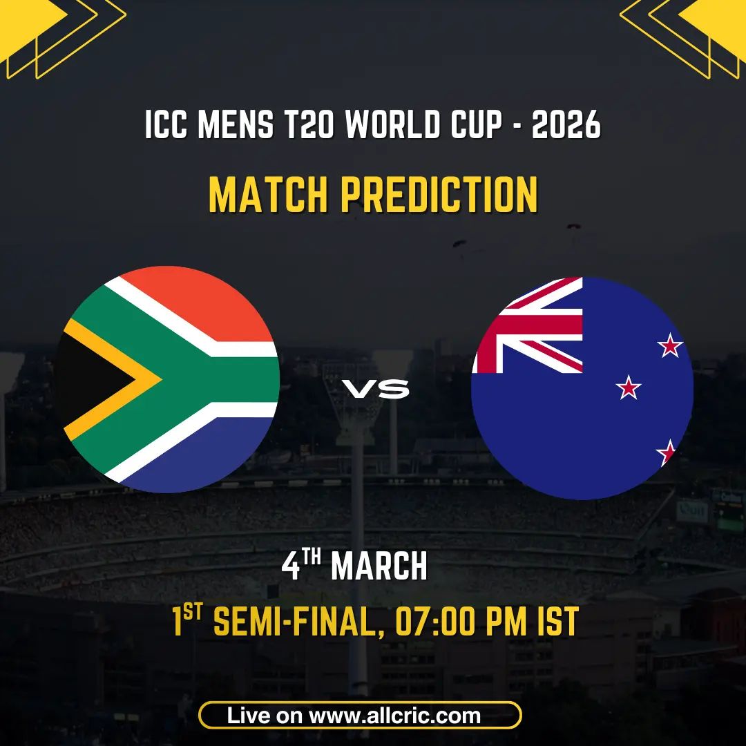 Match prediction graphic for South Africa vs New Zealand, 1st Semi-Final of the ICC Men's T20 World Cup 2026, scheduled for 4th March at 7:00 PM IST, featuring the national flags of South Africa and New Zealand on a stadium background.