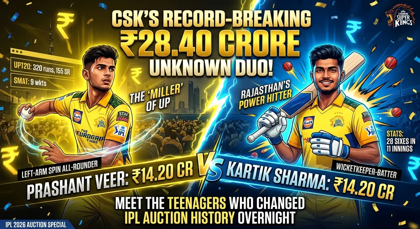 IPL 2026 Auction Special infographic featuring illustrated portraits of Chennai Super Kings' record-breaking uncapped signings — Prashant Veer (left-arm spin all-rounder, ₹14.20 crore, nicknamed "The Miller of UP" with stats: 320 runs at 155 SR and 9 wickets in SMAT) and Kartik Sharma (wicketkeeper-batter, ₹14.20 crore, "Rajasthan's Power Hitter" with 28 sixes in 11 innings) — both in CSK yellow jerseys against a lightning-charged stadium background, headlined "CSK's Record-Breaking ₹28.40 Crore Unknown Duo.