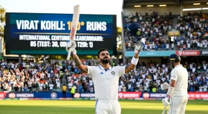 Virat Kohli celebrating century in Test cricket whites raising bat and helmet towards crowd with stadium scoreboard showing "VIRAT KOHLI: 100* RUNS INTERNATIONAL CENTURIES LEADERBOARD: 85 (TEST: 30, ODI: 54, T20I: 1)" illustrating most centuries in international cricket rankings where Kohli stands second all-time behind Sachin Tendulkar's 100 centuries