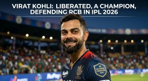 Virat Kohli smiling at Chinnaswamy Stadium in RCB's navy IPL 2026 jersey featuring a "Defending Champions 2025" badge, with a packed crowd visible in the background, under the header "Virat Kohli: Liberated, A Champion, Defending RCB in IPL 2026.